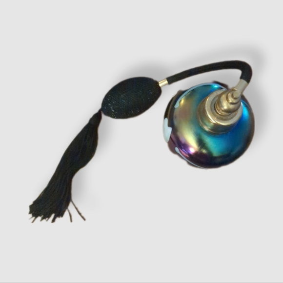 Carnival Glass Perfume Bottle Atomizer Vintage Iridescent Blue with Black pump - Picture 2 of 4